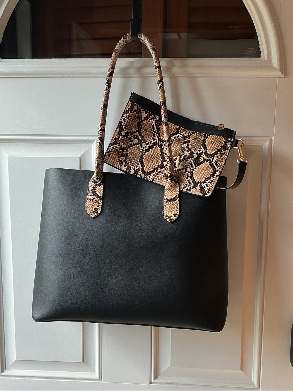 MERSI's Lea Tote Black Bag Snake-Print Accent - Handbag small bag white dust bag